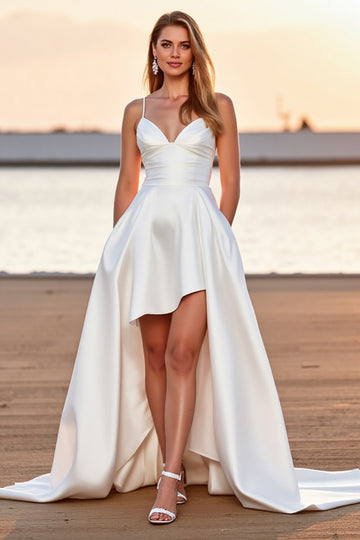 White Satin A Line Boho High-Low Wedding Dress